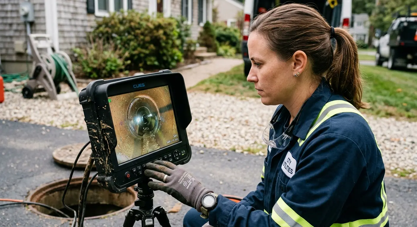 Technician reviewing sewer camera inspection footage in Mill Creek East