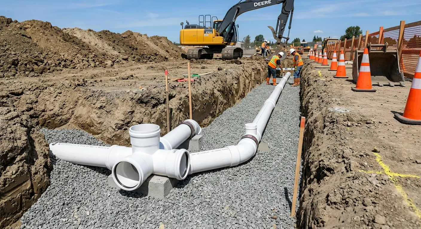 New PVC sewer pipe installation in open trench for Grease Trap Cleaning in Mill Creek East