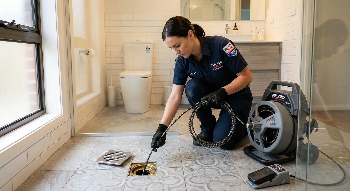 Technician clearing a bathroom floor drain for Sewer Line Installation in Mill Creek East